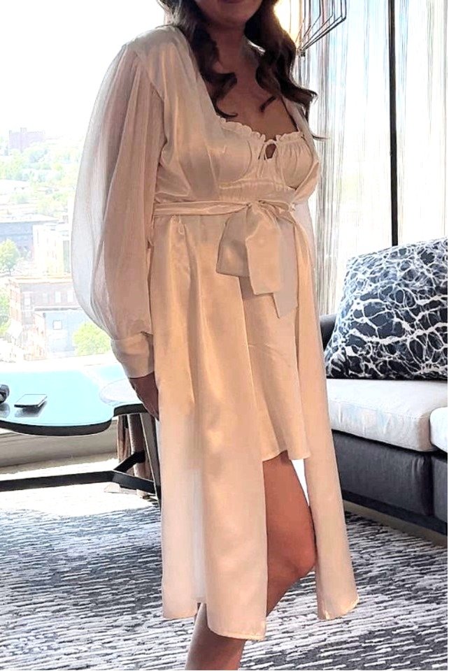 custom bridal robe in ivory satin with pleated chiffon sleeves