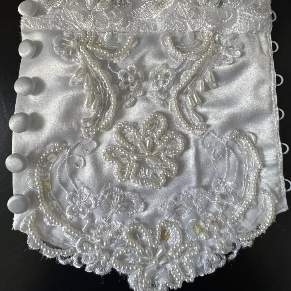 flat view of bouquet wrap refashioned from mother's wedding dress