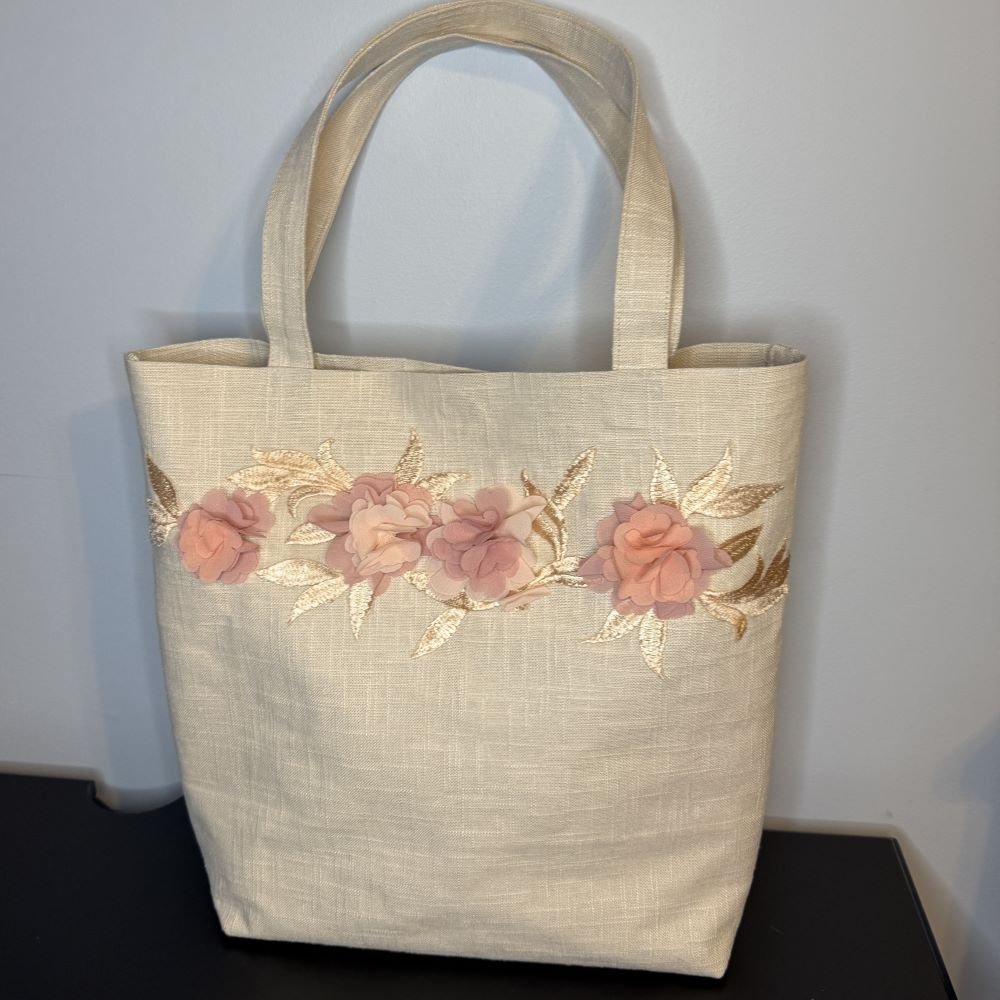 custom tote keepsake with 3D flowers and lace from wedding dress