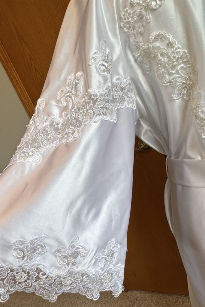 sleeve lace detail of a robe refashioned from a mother's wedding dress
