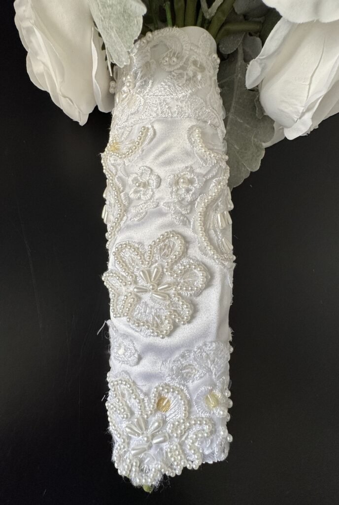 bouquet wrap refashioned from mother's wedding dress
